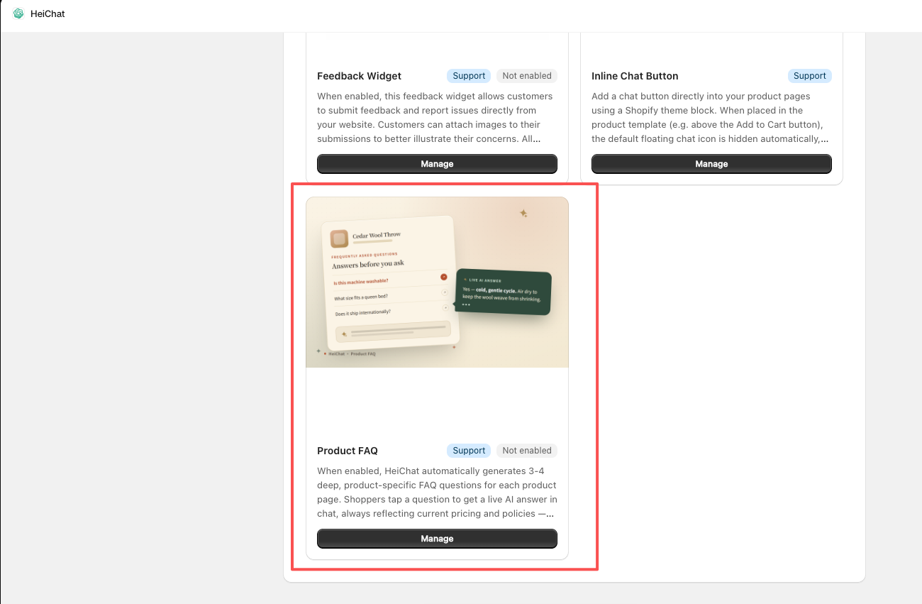 Product FAQ in the feature widget list