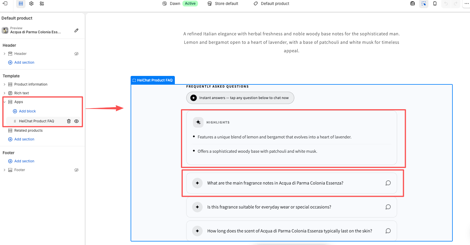 Adding the HeiChat Product FAQ app block in Theme Editor