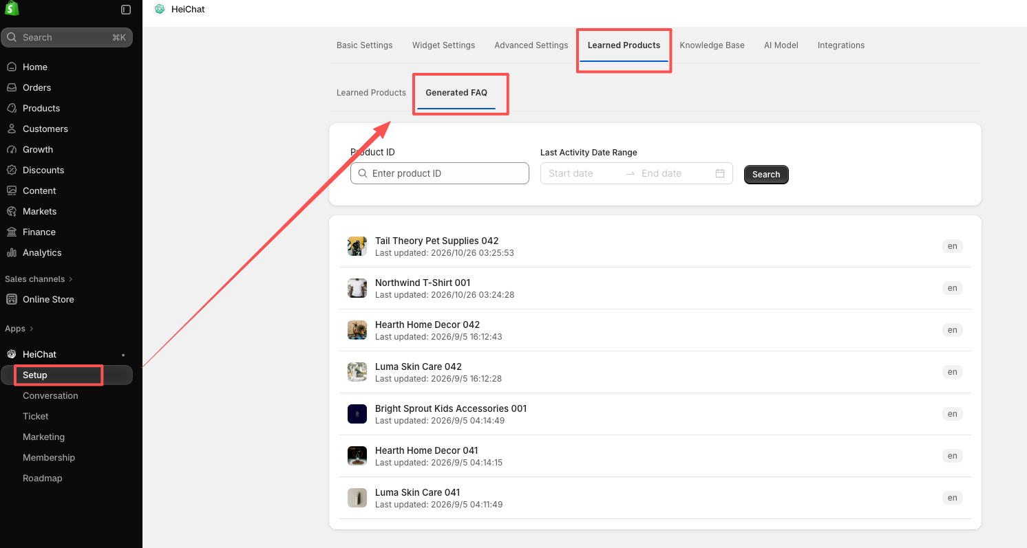 Generated FAQ list in Learned Products